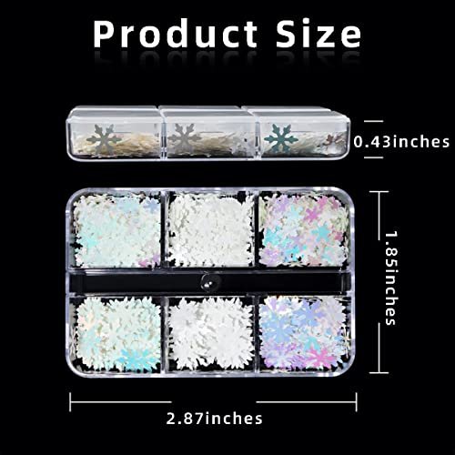 6 Grids White Snowflake Nail Art Glitter Sequins Charms - Holographic Snow Flakes for Winter Christmas Nail Decorations - görsel 14