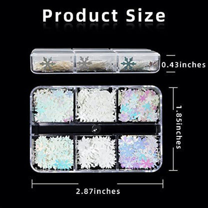 6 Grids White Snowflake Nail Art Glitter Sequins Charms - Holographic Snow Flakes for Winter Christmas Nail Decorations