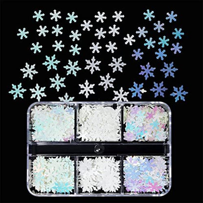 6 Grids White Snowflake Nail Art Glitter Sequins Charms - Holographic Snow Flakes for Winter Christmas Nail Decorations