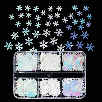 6 Grids White Snowflake Nail Art Glitter Sequins Charms - Holographic Snow Flakes for Winter Christmas Nail Decorations