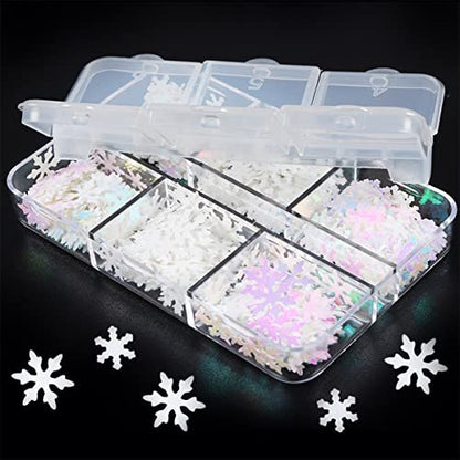 6 Grids White Snowflake Nail Art Glitter Sequins Charms - Holographic Snow Flakes for Winter Christmas Nail Decorations