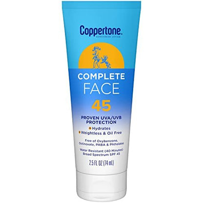 Coppertone Complete Face Sunscreen Lotion SPF 45 – Oil-Free, Weightless, Water Resistant, 2.5 oz