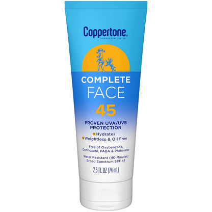 Coppertone Complete Face Sunscreen Lotion SPF 45 – Oil-Free, Weightless, Water Resistant, 2.5 oz