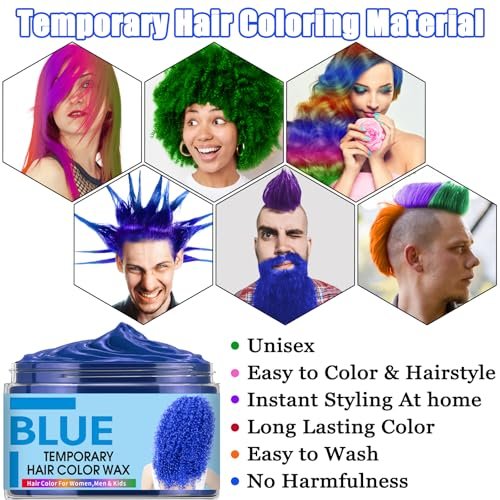 6 Color Temporary Hair Wax for Kids, Teens, and Adults - Blue, Green, Purple, Pink, Red, Orange - Safe, Natural, Washable Hair Color for Parties, Halloween, and Daily Use Avelisse