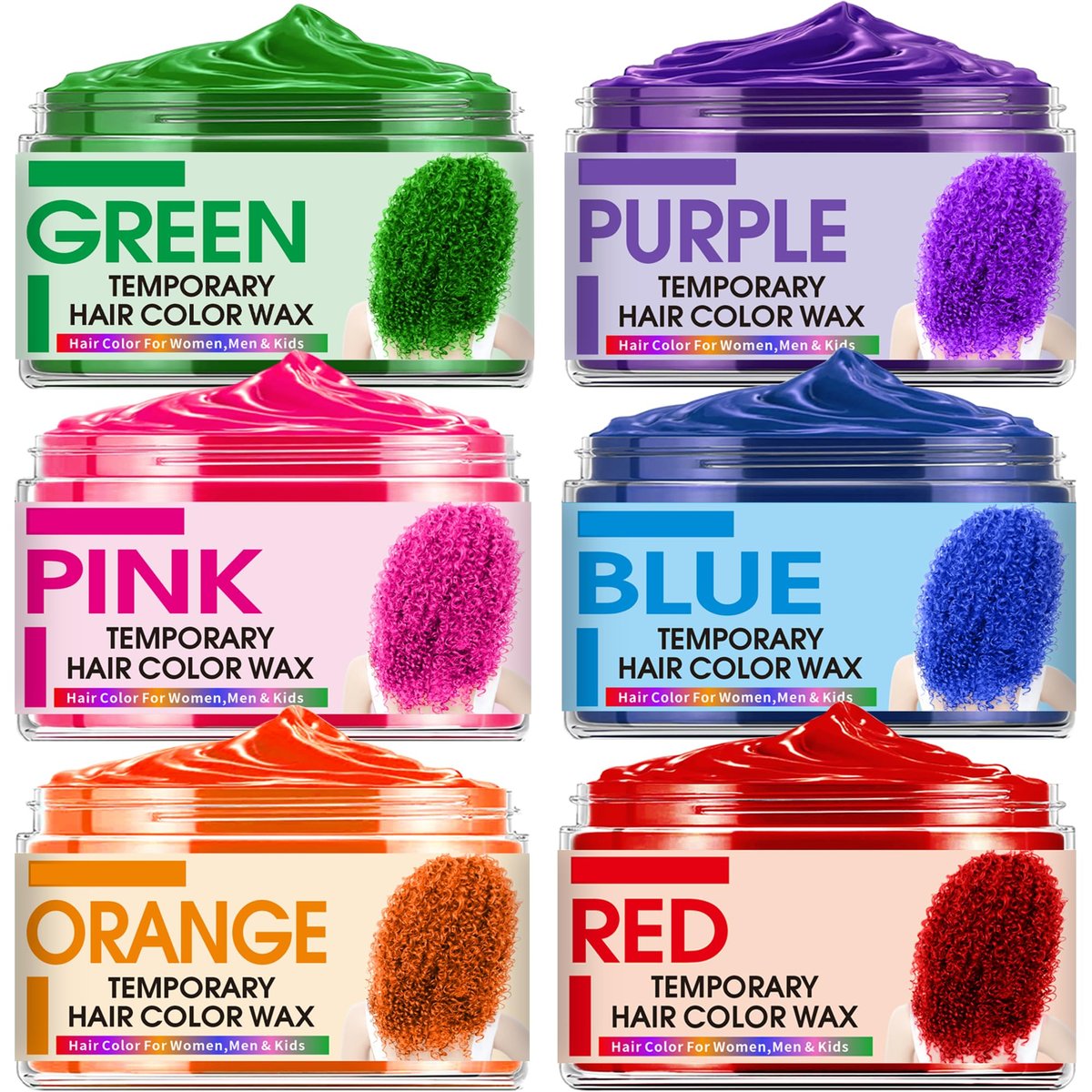 6 Color Temporary Hair Wax for Kids, Teens, and Adults - Blue, Green, Purple, Pink, Red, Orange - Safe, Natural, Washable Hair Color for Parties, Halloween, and Daily Use Avelisse