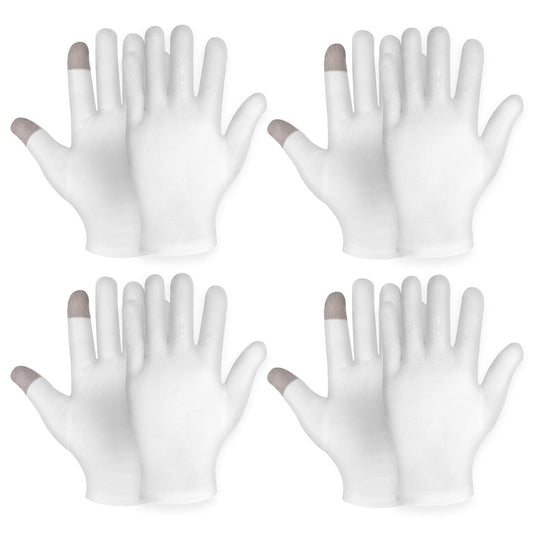 4 Pairs White Cotton Touch Screen Moisturizing Gloves – Overnight Hand Treatment for Dry, Cracked, Eczema-Prone Skin