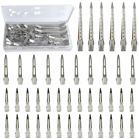 TseroFay 42-Piece Styling Hair Clips Set - Silver Metal Duck Billed Clips for Women's Hairstyling, Long Duckbill Pins & Alligator Rollers with Case