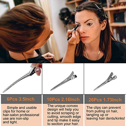 TseroFay 42-Piece Styling Hair Clips Set - Silver Metal Duck Billed Clips for Women's Hairstyling, Long Duckbill Pins & Alligator Rollers with Case