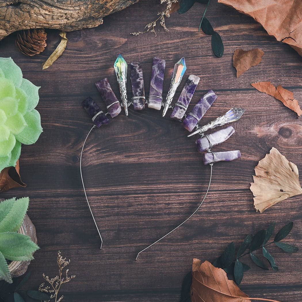 Formery Purple Raw Crystal Crown Silver Amethyst Quartz Headband – Elegant Hair Accessories for Women - görsel 3