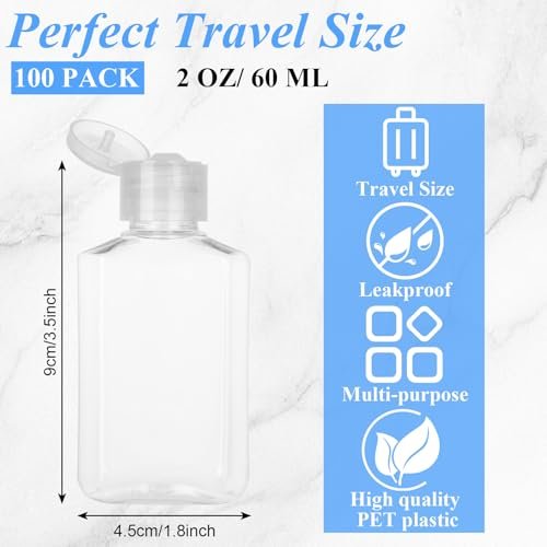 CYEAH 100-Pack 2 oz Empty Hand Sanitizer Bottles – Clear Refillable Flip-Top Travel Bottles for Business Trips, Camping & On-the-Go Hygiene - görsel 4