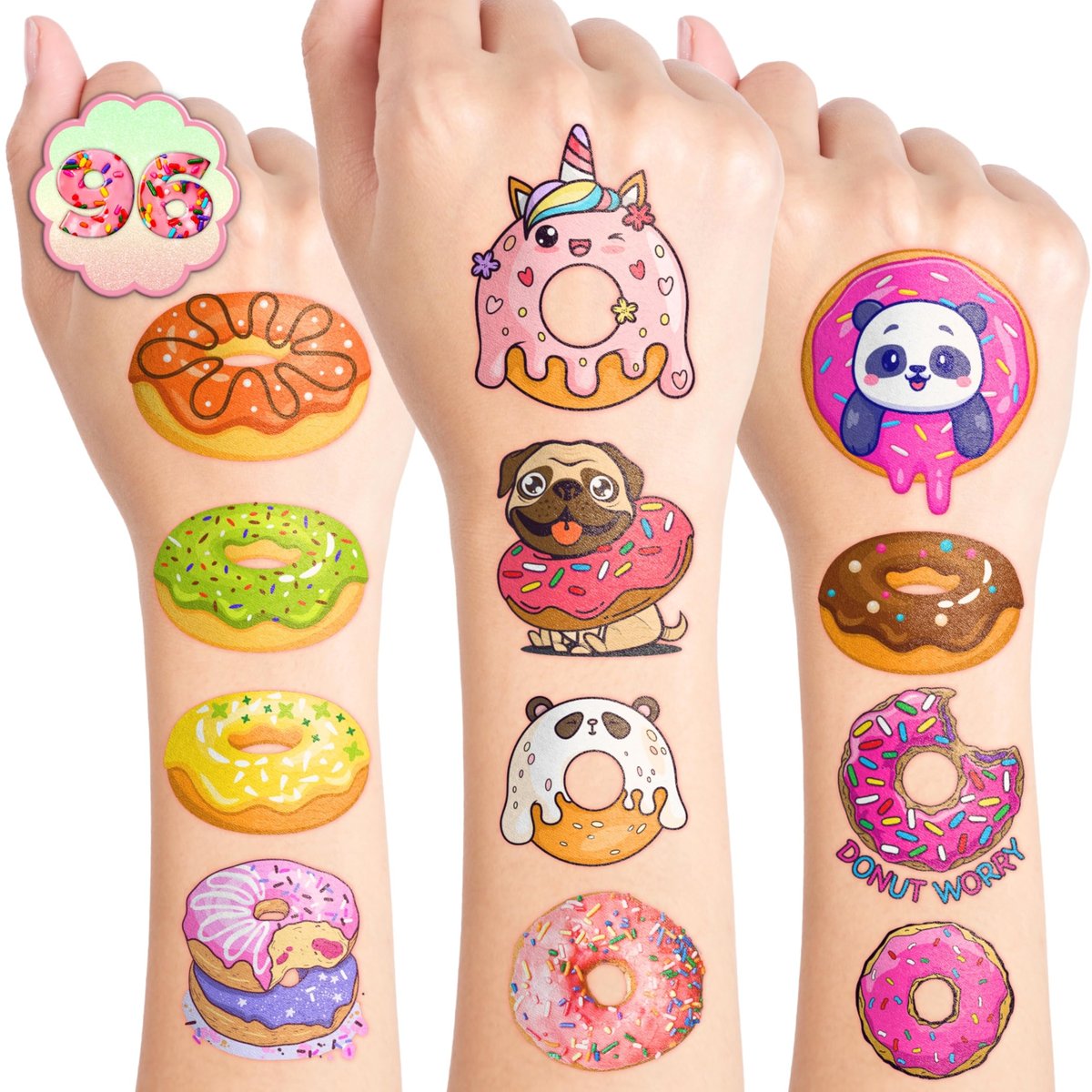 96PCS Donut Pre-Cut Temporary Tattoos for Kids - Cute Birthday Party Decorations, Stickers for Girls & Boys, Fun Party Favors, Classroom Prizes, Christmas Gifts, Themed Party Supplies - görsel 1