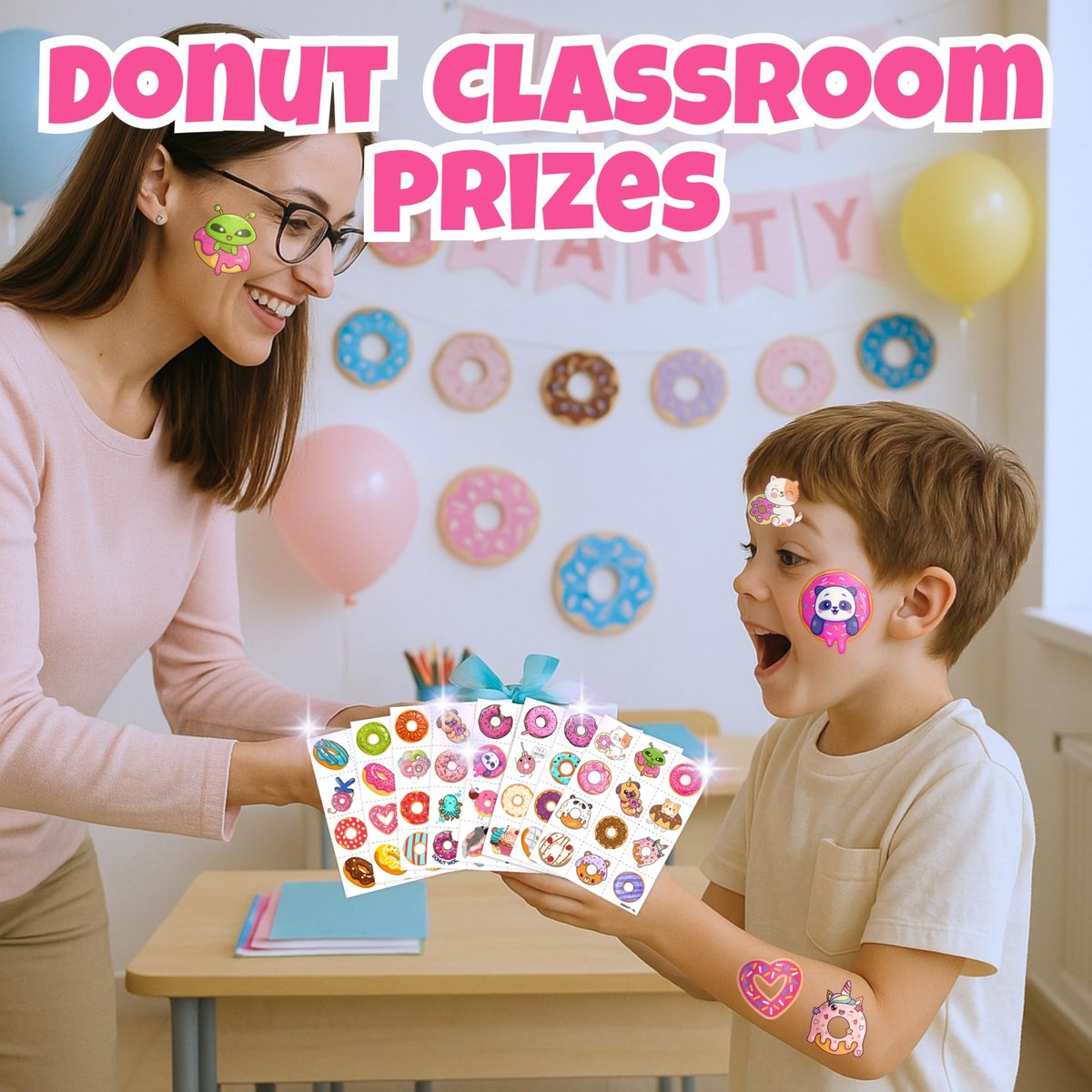 96PCS Donut Pre-Cut Temporary Tattoos for Kids - Cute Birthday Party Decorations, Stickers for Girls & Boys, Fun Party Favors, Classroom Prizes, Christmas Gifts, Themed Party Supplies - görsel 13