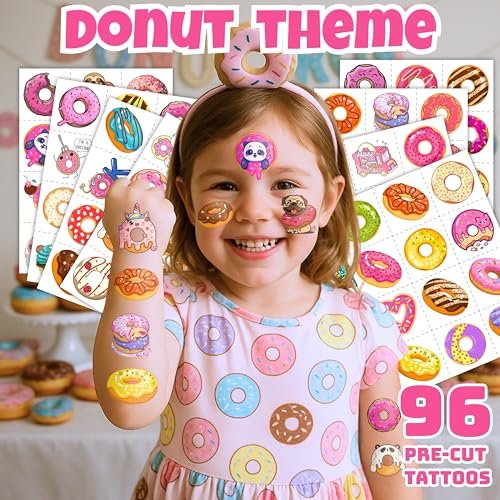 96PCS Donut Pre-Cut Temporary Tattoos for Kids - Cute Birthday Party Decorations, Stickers for Girls & Boys, Fun Party Favors, Classroom Prizes, Christmas Gifts, Themed Party Supplies - görsel 4