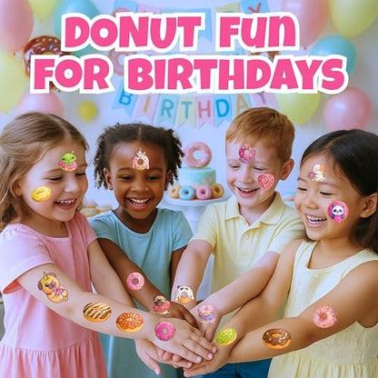 96PCS Donut Pre-Cut Temporary Tattoos for Kids - Cute Birthday Party Decorations, Stickers for Girls & Boys, Fun Party Favors, Classroom Prizes, Christmas Gifts, Themed Party Supplies