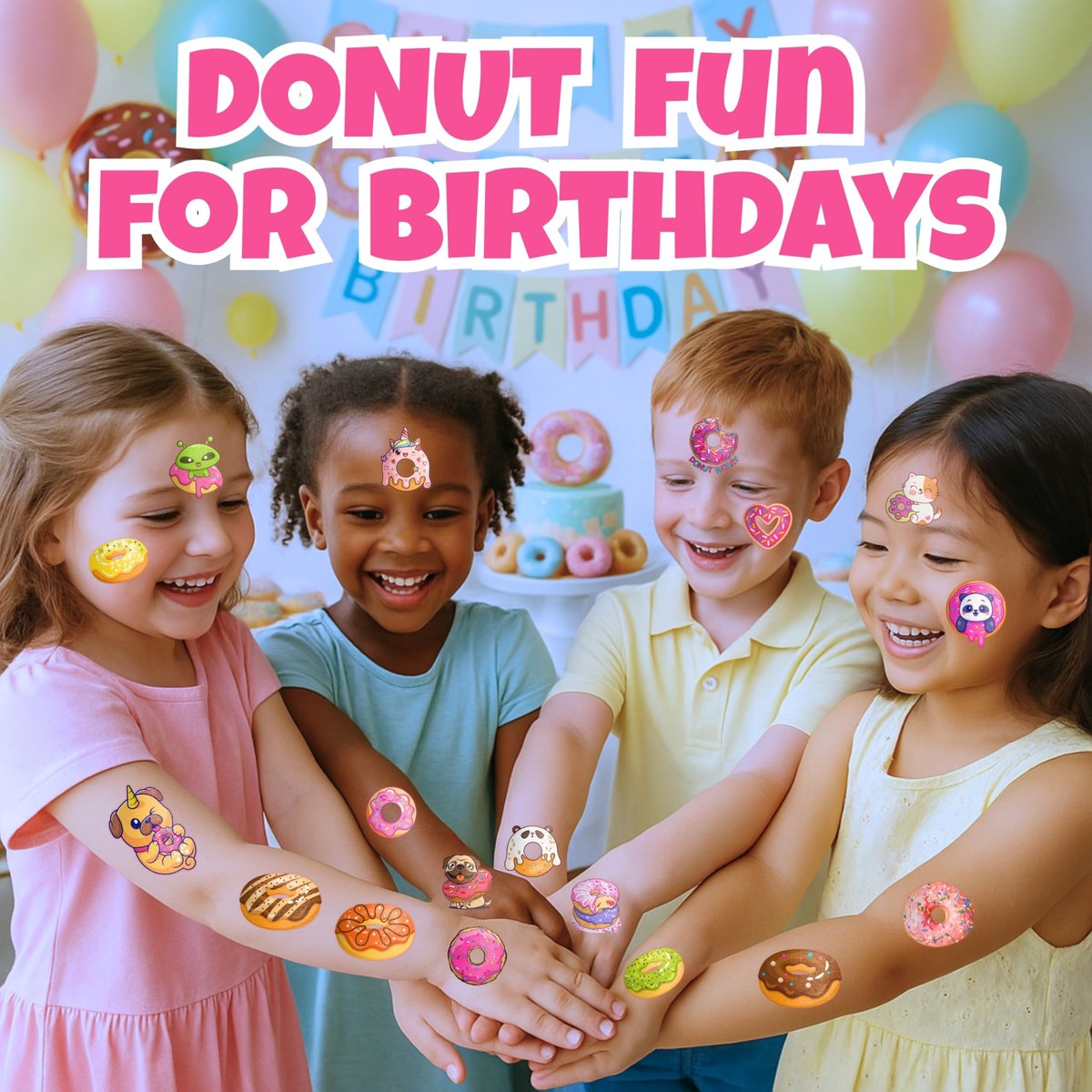 96PCS Donut Pre-Cut Temporary Tattoos for Kids - Cute Birthday Party Decorations, Stickers for Girls & Boys, Fun Party Favors, Classroom Prizes, Christmas Gifts, Themed Party Supplies - görsel 11