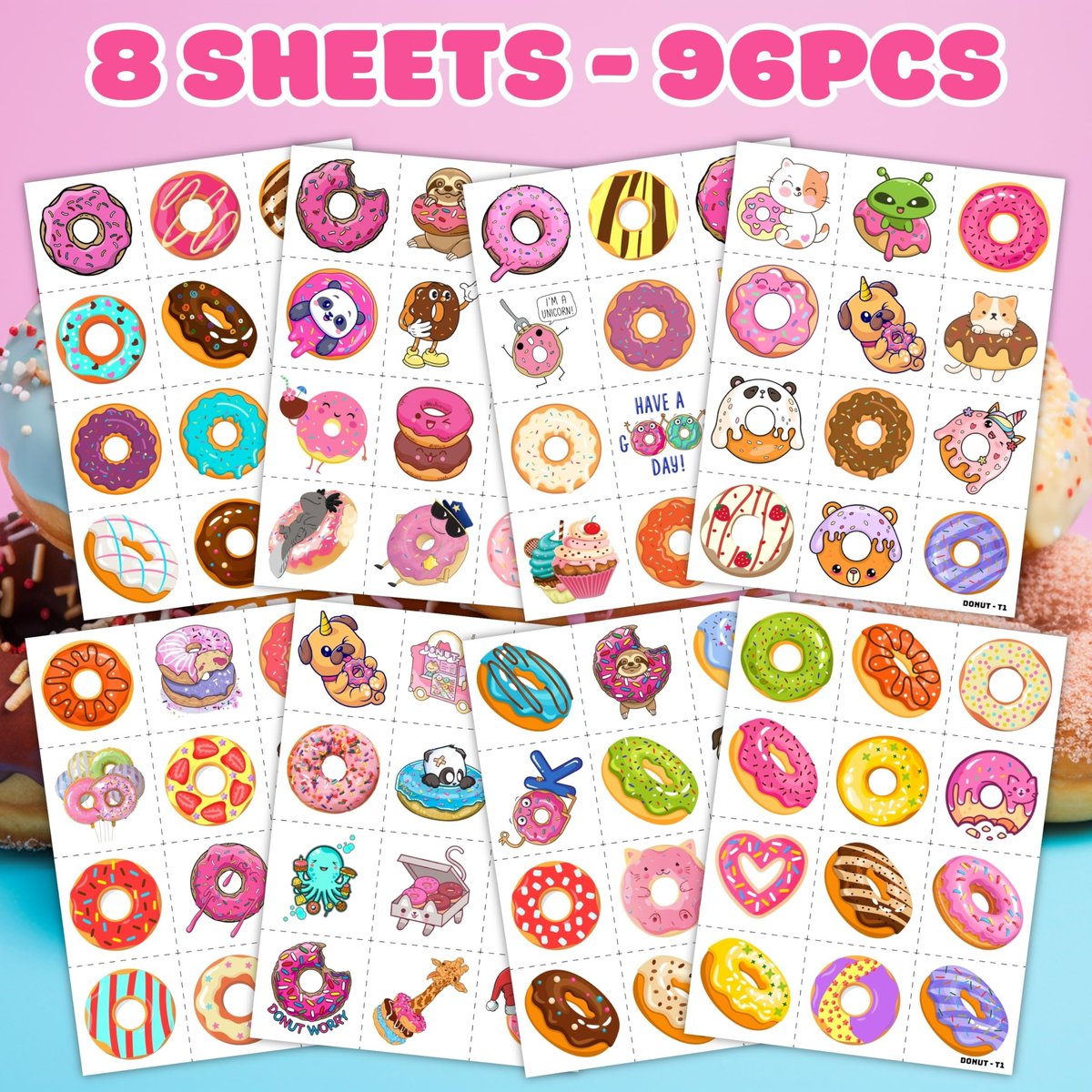 96PCS Donut Pre-Cut Temporary Tattoos for Kids - Cute Birthday Party Decorations, Stickers for Girls & Boys, Fun Party Favors, Classroom Prizes, Christmas Gifts, Themed Party Supplies - görsel 7