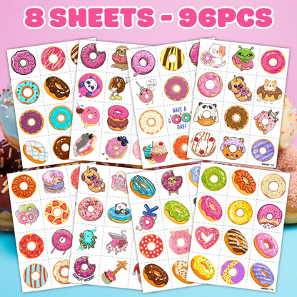 96PCS Donut Pre-Cut Temporary Tattoos for Kids - Cute Birthday Party Decorations, Stickers for Girls & Boys, Fun Party Favors, Classroom Prizes, Christmas Gifts, Themed Party Supplies