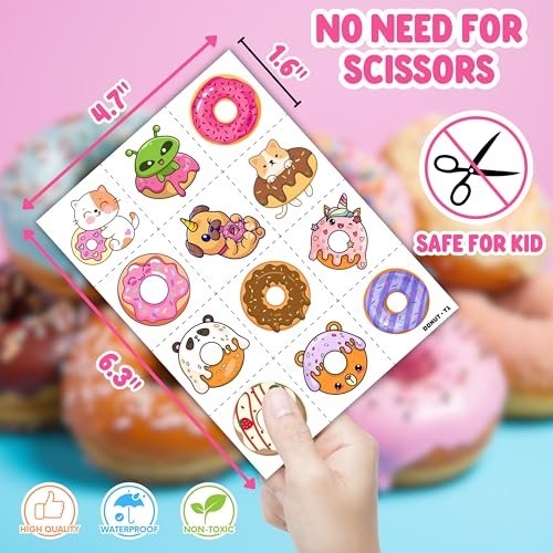 96PCS Donut Pre-Cut Temporary Tattoos for Kids - Cute Birthday Party Decorations, Stickers for Girls & Boys, Fun Party Favors, Classroom Prizes, Christmas Gifts, Themed Party Supplies - görsel 6