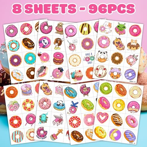 96PCS Donut Pre-Cut Temporary Tattoos for Kids - Cute Birthday Party Decorations, Stickers for Girls & Boys, Fun Party Favors, Classroom Prizes, Christmas Gifts, Themed Party Supplies - görsel 8