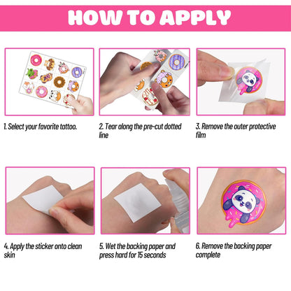 96PCS Donut Pre-Cut Temporary Tattoos for Kids - Cute Birthday Party Decorations, Stickers for Girls & Boys, Fun Party Favors, Classroom Prizes, Christmas Gifts, Themed Party Supplies