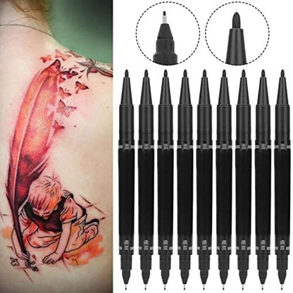 Tiiyee 10-Pack Tattoo Skin Markers – Fine & Regular Tip Stencil Pens for Tattoo Artists (Black) Avelisse
