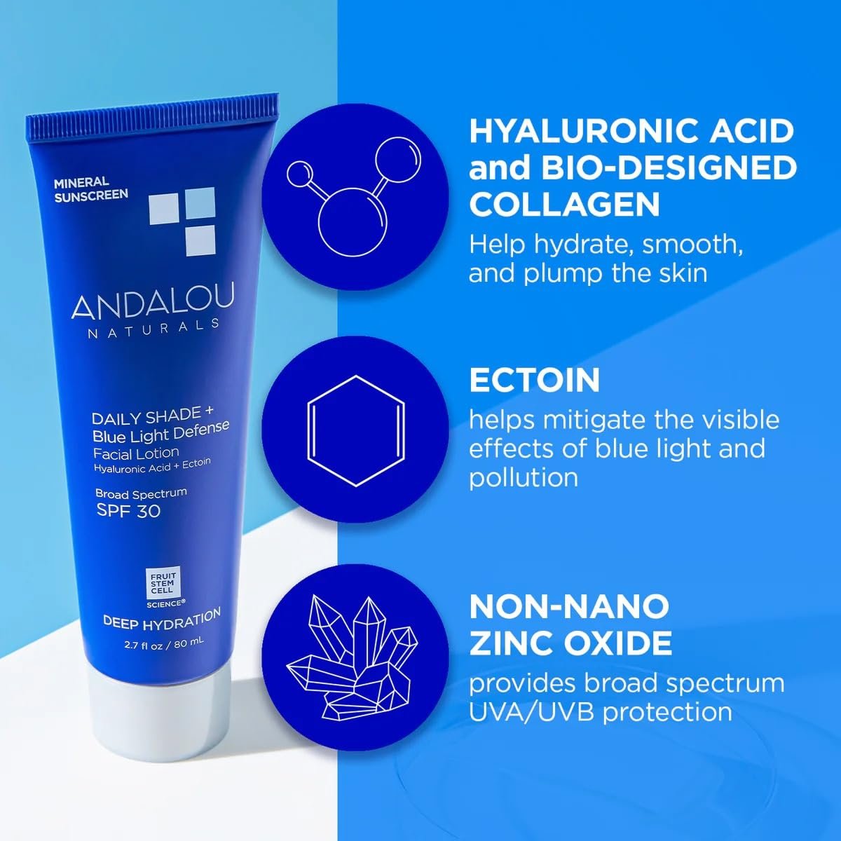 Andalou Naturals Clear Skin Mineral Face Sunscreen SPF 30 - Daily Shade Pollution Defense Facial Sunblock Lotion with Zinc Oxide - Lightweight, Non-Greasy, Non-comedogenic, Fragrance-Free - 2.7 fl oz Avelisse