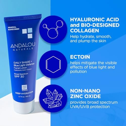 Andalou Naturals Clear Skin Mineral Face Sunscreen SPF 30 - Daily Shade Pollution Defense Facial Sunblock Lotion with Zinc Oxide - Lightweight, Non-Greasy, Non-comedogenic, Fragrance-Free - 2.7 fl oz Avelisse