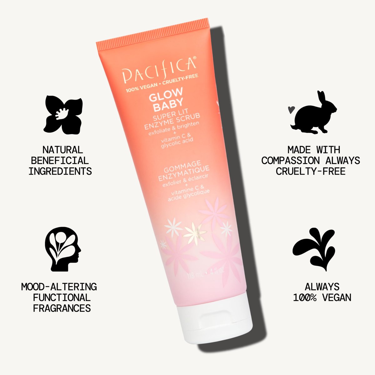 Pacifica Glow Baby Exfoliating Face Scrub – Brightening Enzyme Facial Cleanser with Vitamin C & Glycolic Acid for Radiant Smooth Skin, Vegan & Microbead-Free (4 fl oz) Avelisse