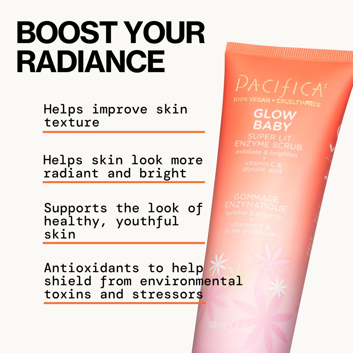 Pacifica Glow Baby Exfoliating Face Scrub – Brightening Enzyme Facial Cleanser with Vitamin C & Glycolic Acid for Radiant Smooth Skin, Vegan & Microbead-Free (4 fl oz) Avelisse