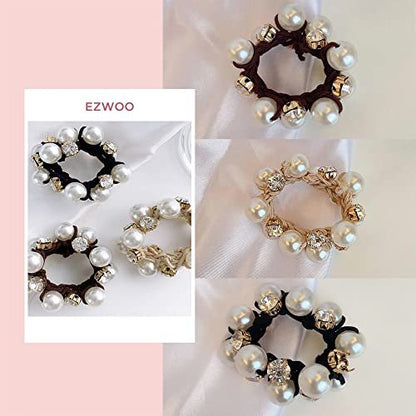 Rhinestone and Pearl Hair Ties for Women and Girls - 3 Pack Elastic Scrunchies for Ponytails and Buns