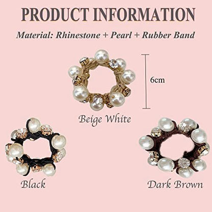Rhinestone and Pearl Hair Ties for Women and Girls - 3 Pack Elastic Scrunchies for Ponytails and Buns
