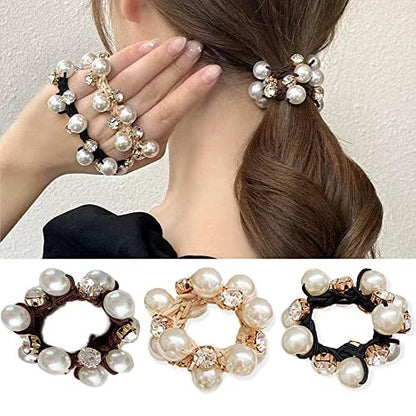 Rhinestone and Pearl Hair Ties for Women and Girls - 3 Pack Elastic Scrunchies for Ponytails and Buns