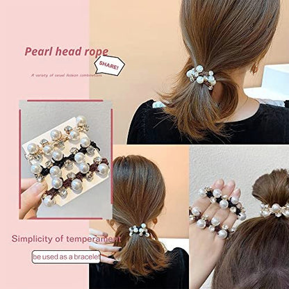 Rhinestone and Pearl Hair Ties for Women and Girls - 3 Pack Elastic Scrunchies for Ponytails and Buns