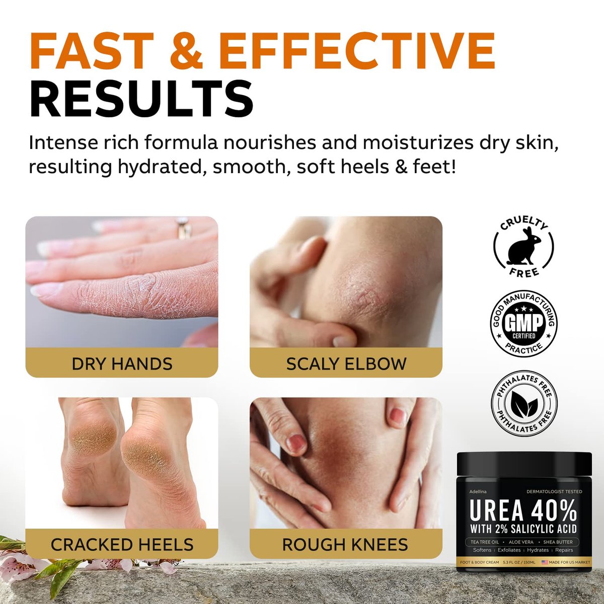 Adellina Urea Cream 40 Percent for Feet Maximum Strength - Dry Cracked Heels Repair Lotion 5.3 oz Avelisse