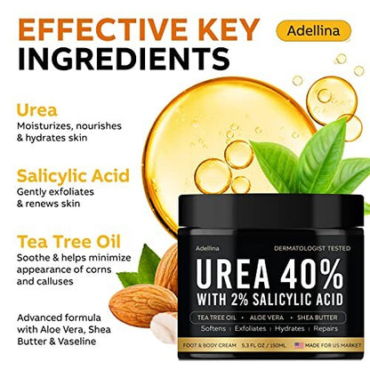 Adellina Urea Cream 40 Percent for Feet Maximum Strength - Dry Cracked Heels Repair Lotion 5.3 oz Avelisse