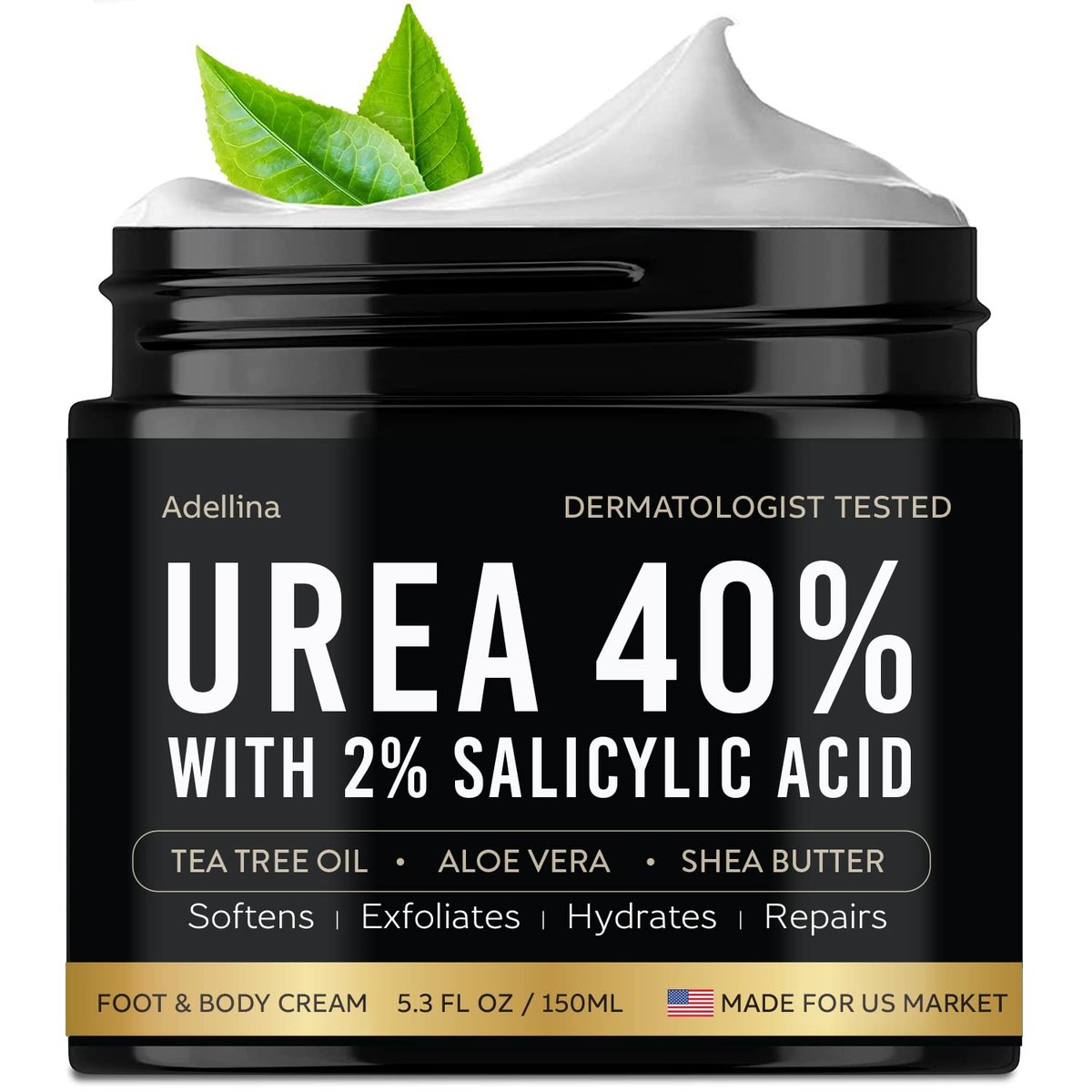 Adellina Urea Cream 40 Percent for Feet Maximum Strength - Dry Cracked Heels Repair Lotion 5.3 oz Avelisse