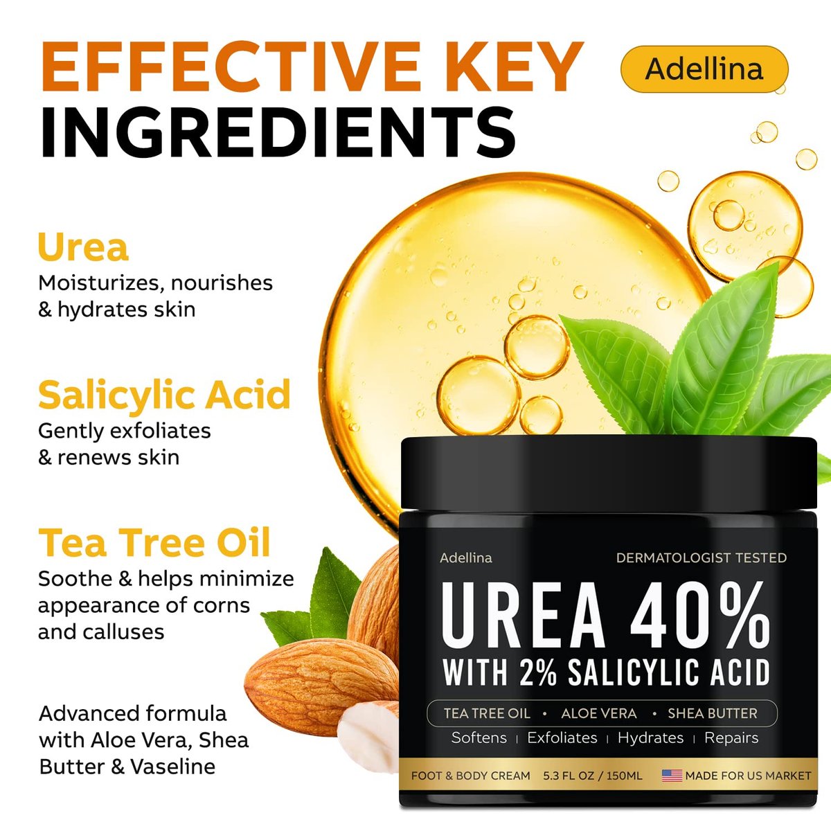 Adellina Urea Cream 40 Percent for Feet Maximum Strength - Dry Cracked Heels Repair Lotion 5.3 oz Avelisse