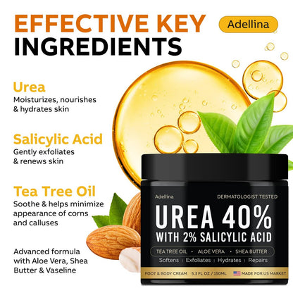 Adellina Urea Cream 40 Percent for Feet Maximum Strength - Dry Cracked Heels Repair Lotion 5.3 oz Avelisse