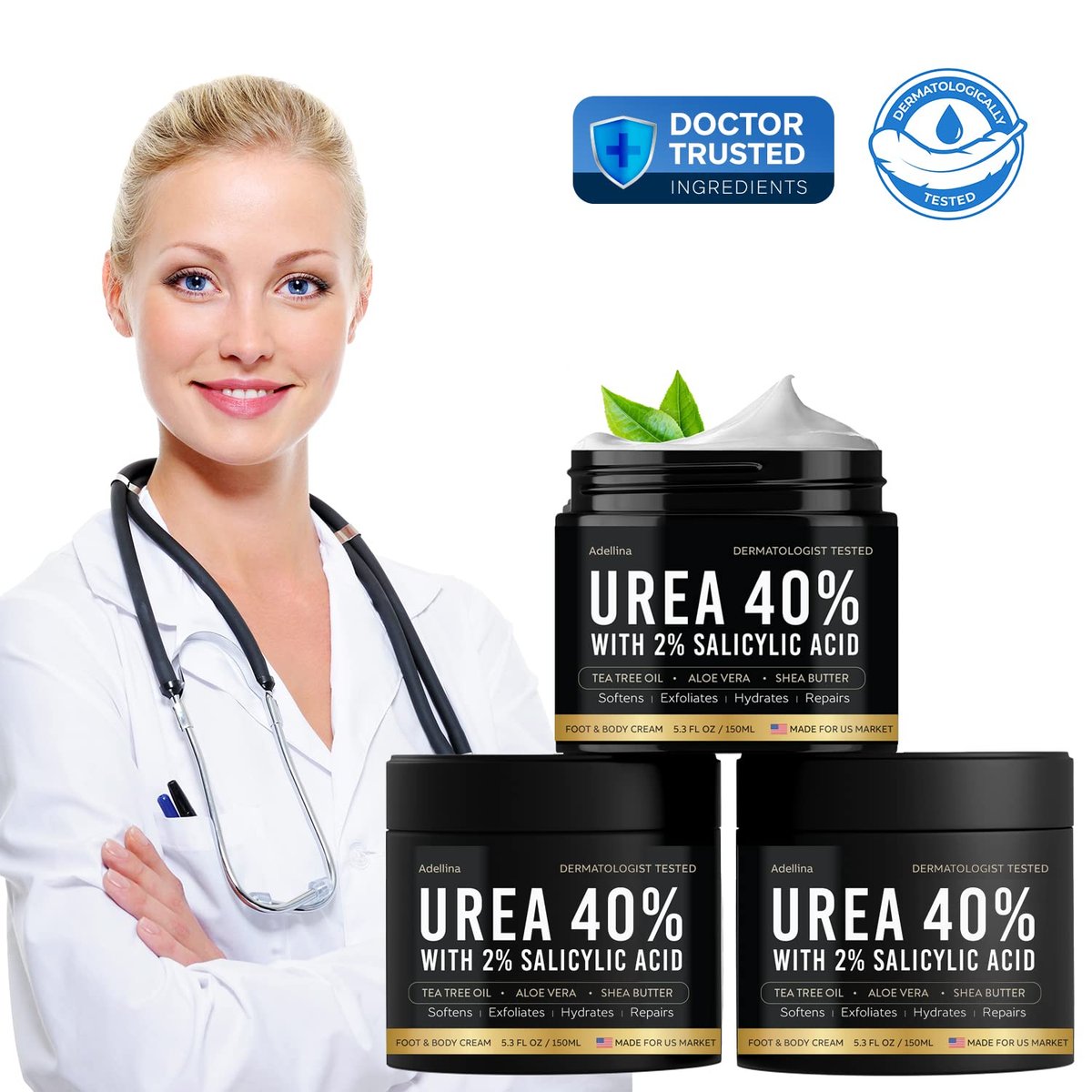 Adellina Urea Cream 40 Percent for Feet Maximum Strength - Dry Cracked Heels Repair Lotion 5.3 oz Avelisse