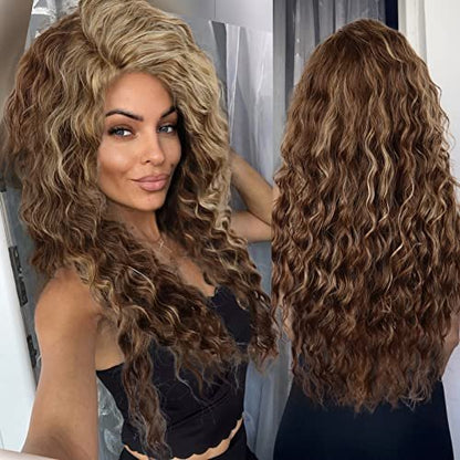GNIMEGIL Long Wavy Wigs for Women - Brown Mixed Blonde Ombre Curly Wig with Loose Part Wave Fluffy Hairline Natural Looking Synthetic Hair for Daily Party Halloween Costume