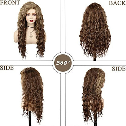 GNIMEGIL Long Wavy Wigs for Women - Brown Mixed Blonde Ombre Curly Wig with Loose Part Wave Fluffy Hairline Natural Looking Synthetic Hair for Daily Party Halloween Costume