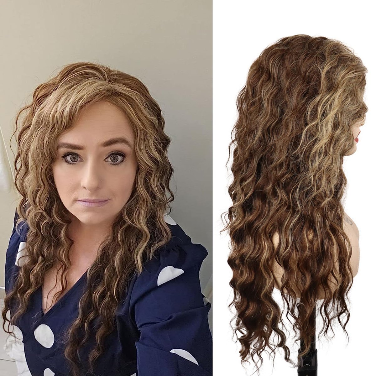 GNIMEGIL Long Wavy Wigs for Women - Brown Mixed Blonde Ombre Curly Wig with Loose Part Wave Fluffy Hairline Natural Looking Synthetic Hair for Daily Party Halloween Costume - görsel 11