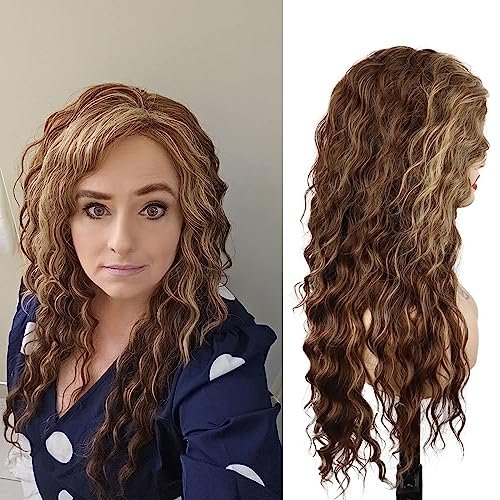GNIMEGIL Long Wavy Wigs for Women - Brown Mixed Blonde Ombre Curly Wig with Loose Part Wave Fluffy Hairline Natural Looking Synthetic Hair for Daily Party Halloween Costume - görsel 12