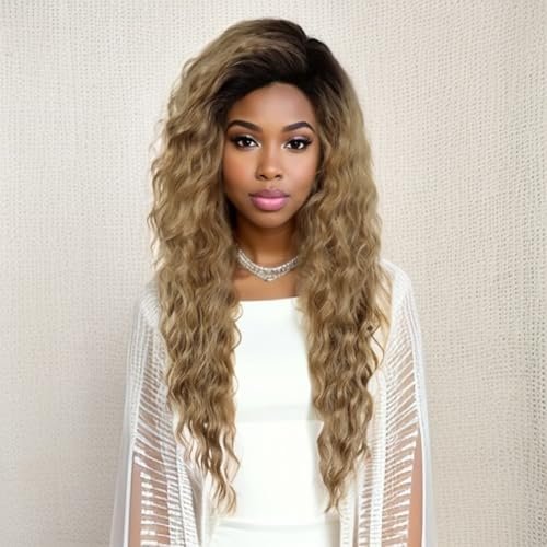 GNIMEGIL 26 Inch Long Brown Curly Wigs for Women - Ombre Brown Black Roots, Layered Fluffy Daily 80s Costume Wig, Loose Hair Halloween Party Wig, Synthetic - görsel 8
