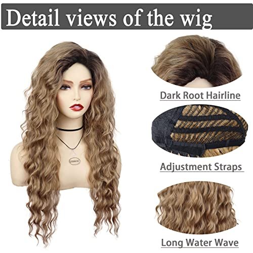 GNIMEGIL 26 Inch Long Brown Curly Wigs for Women - Ombre Brown Black Roots, Layered Fluffy Daily 80s Costume Wig, Loose Hair Halloween Party Wig, Synthetic - görsel 10