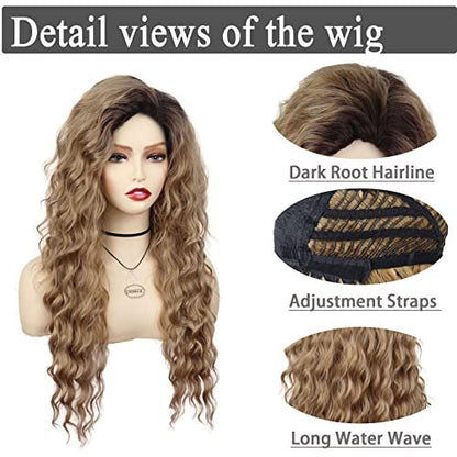 GNIMEGIL 26 Inch Long Brown Curly Wigs for Women - Ombre Brown Black Roots, Layered Fluffy Daily 80s Costume Wig, Loose Hair Halloween Party Wig, Synthetic