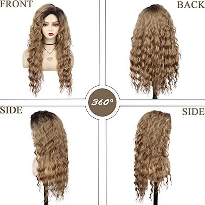 GNIMEGIL 26 Inch Long Brown Curly Wigs for Women - Ombre Brown Black Roots, Layered Fluffy Daily 80s Costume Wig, Loose Hair Halloween Party Wig, Synthetic