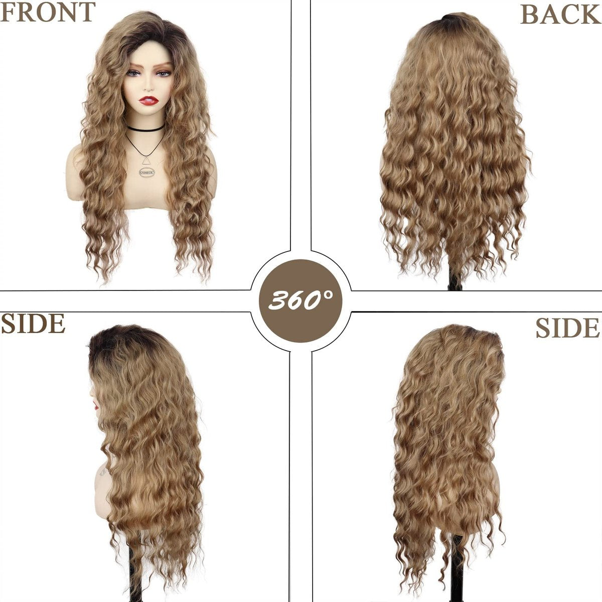 GNIMEGIL 26 Inch Long Brown Curly Wigs for Women - Ombre Brown Black Roots, Layered Fluffy Daily 80s Costume Wig, Loose Hair Halloween Party Wig, Synthetic - görsel 11