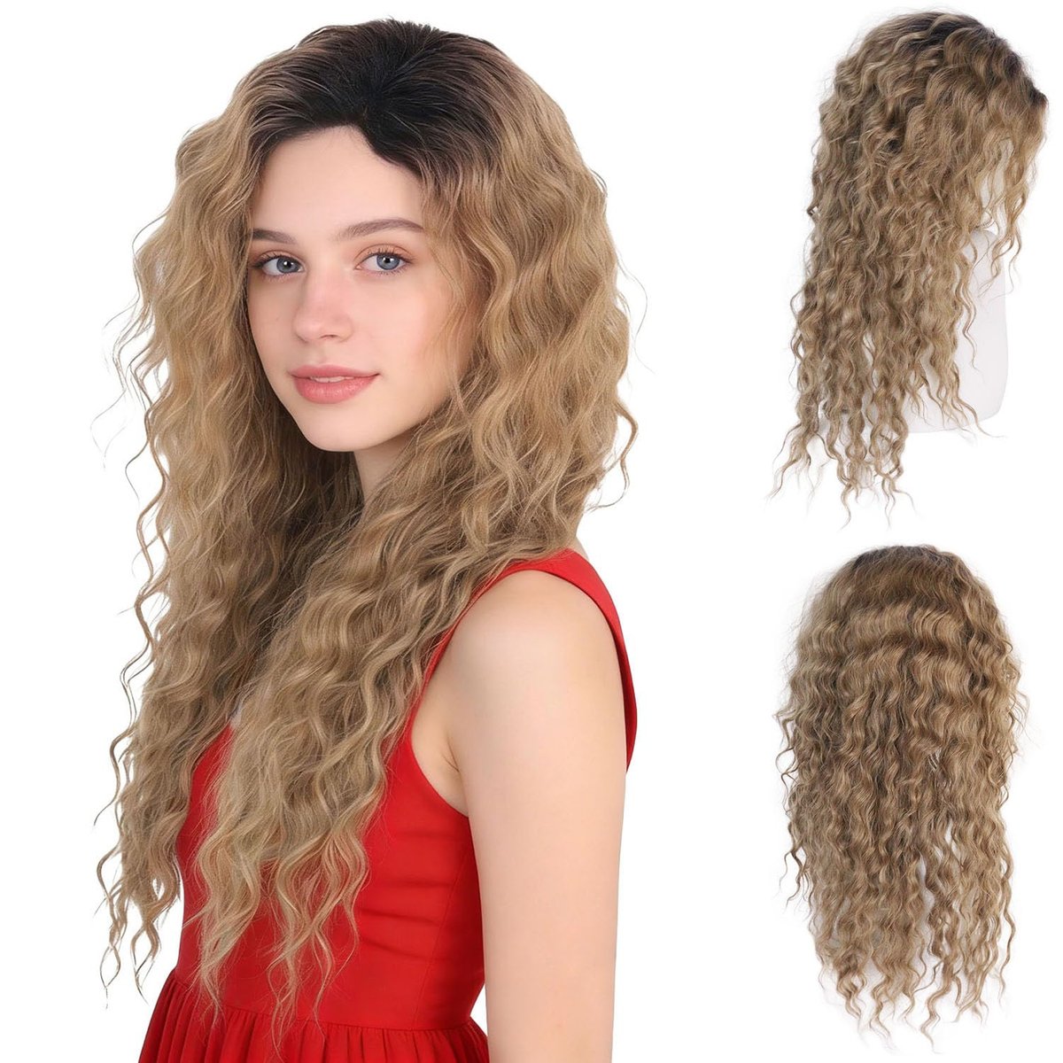 GNIMEGIL 26 Inch Long Brown Curly Wigs for Women - Ombre Brown Black Roots, Layered Fluffy Daily 80s Costume Wig, Loose Hair Halloween Party Wig, Synthetic - görsel 1