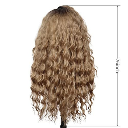 GNIMEGIL 26 Inch Long Brown Curly Wigs for Women - Ombre Brown Black Roots, Layered Fluffy Daily 80s Costume Wig, Loose Hair Halloween Party Wig, Synthetic